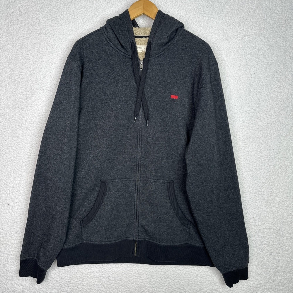 Levis Sherpa Lined Zip Hoodie Mens XL Gray Full Zip Sweatshirt Fleece Hooded